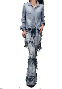 European New Fashion 2016 Personality Ladies Big Flare Denim Pants Gradient Tassel Women's Jeans Full Length Pants Trousers