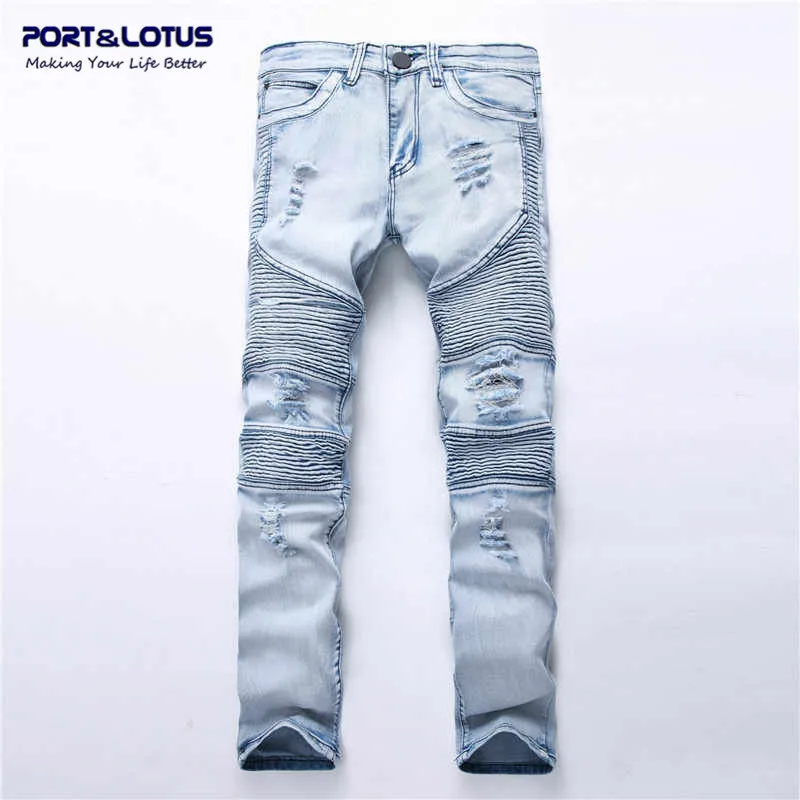 Port&Lotus Winter Men Jeans Slim Jeans Famous Mens Jeans Hole Straight Wrinkles Clothing Men TX012 99933