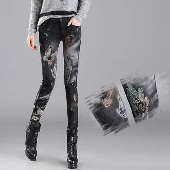 2017 Jeans Female Personality Printing Butterfly Rhinestone Pencil Pants Skinny Trousers Low Waist Women Denim Pants Plus Size
