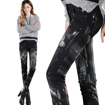 2017 Jeans Female Personality Printing Butterfly Rhinestone Pencil Pants Skinny Trousers Low Waist Women Denim Pants Plus Size