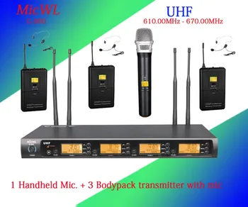 MICWL 4x100 Channel UHF Wireless Karaoke Microphone System 1 Handheld Mic. + 3 Bodypack transmitter with mic.