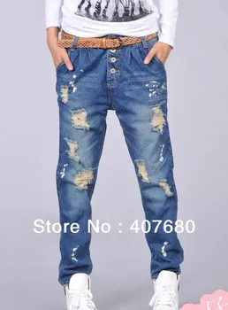 Big discount Womens fashion casual loose hole ripped painted vintage Harem jeans drop crotch Baggy pants