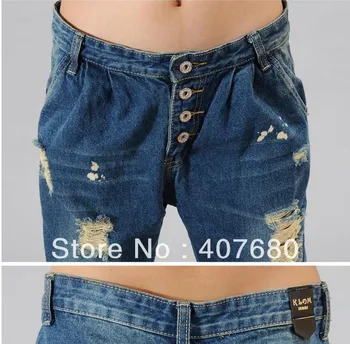 Big discount Womens fashion casual loose hole ripped painted vintage Harem jeans drop crotch Baggy pants