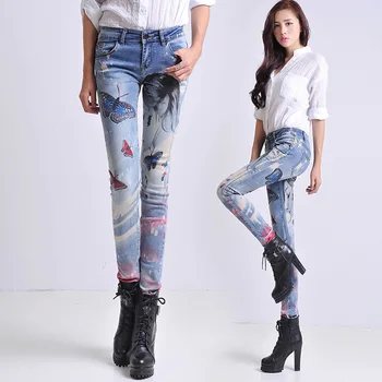 2017 New Jeans Female Personality Printed Butterfly Rhinestone Elastic Pencil Pants Skinny Trousers Women Denim Pants Plus Size