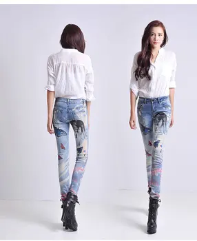 2017 New Jeans Female Personality Printed Butterfly Rhinestone Elastic Pencil Pants Skinny Trousers Women Denim Pants Plus Size