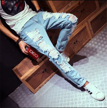 2016 New Fashion Ripped Jeans Pants For Men Hole Slim Fit Distressed Denim Joggers Brand Designer Mens Patch Jeans S-XXL