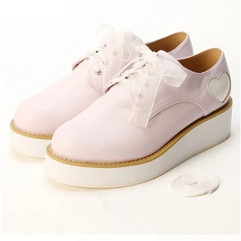 Japanese Girls autumn New Thick Soled Shoes Daily Muffin Round Love Ribbon Lace Color Soft Sister Shoes