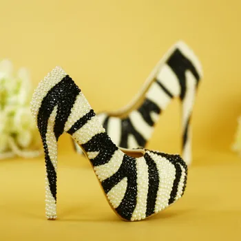 The new black and white striped zebra heels Waterproof Taiwan female summer fashion crystal diamond wedding shoes, dress shoes