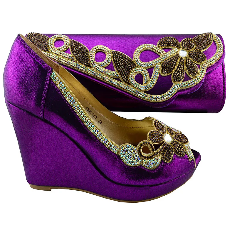 African High Heel Shoes And Bags Set Hot Selling Italian Matching Shoe And Bag Set1308-L63 Purple Color