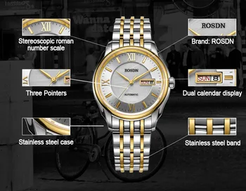 ROSDN Luxury Roman Gold Silver Full Steel Automatic Mechanical Watches Men Brand Sapphire Fashion Dress Business Watch 2017