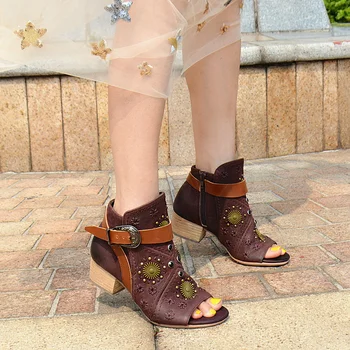 Choudory Spring New Style Sandal Boots Women Peep Toe Retro Embroider Ankle Boots Genuine Leather Fashion Thick Heel Boot