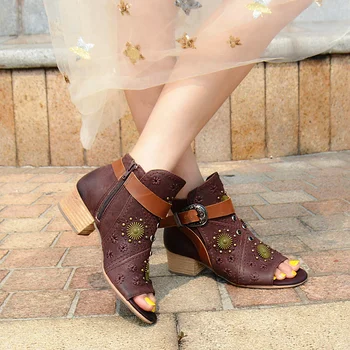 Choudory Spring New Style Sandal Boots Women Peep Toe Retro Embroider Ankle Boots Genuine Leather Fashion Thick Heel Boot