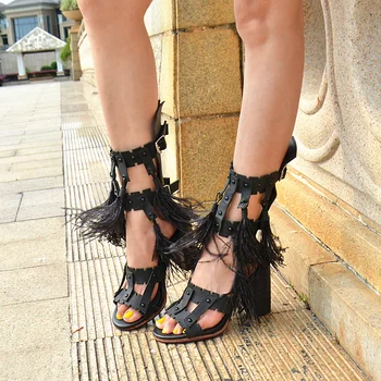 Choudory 2017 New Fashion Leather Fringe High Heels Sandals Rome Hollow Out Back Zip Sandal For Women Summer Gladiator Shoes