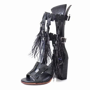 Choudory 2017 New Fashion Leather Fringe High Heels Sandals Rome Hollow Out Back Zip Sandal For Women Summer Gladiator Shoes