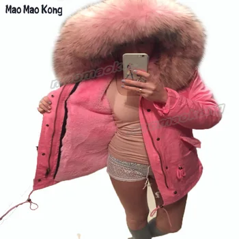 Plus size 2016 brand new thick warm pinks winter jacket coat women parka with nat ural real large light pink fur collar hooded