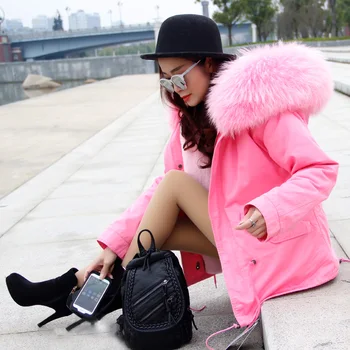 Plus size 2016 brand new thick warm pinks winter jacket coat women parka with nat ural real large light pink fur collar hooded