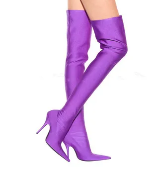Top Purple Boots Ladies Knee High Gladiator Heels Women Combat Boots Stretch Long Bottes Sexy Women Designer Botas De Mujer