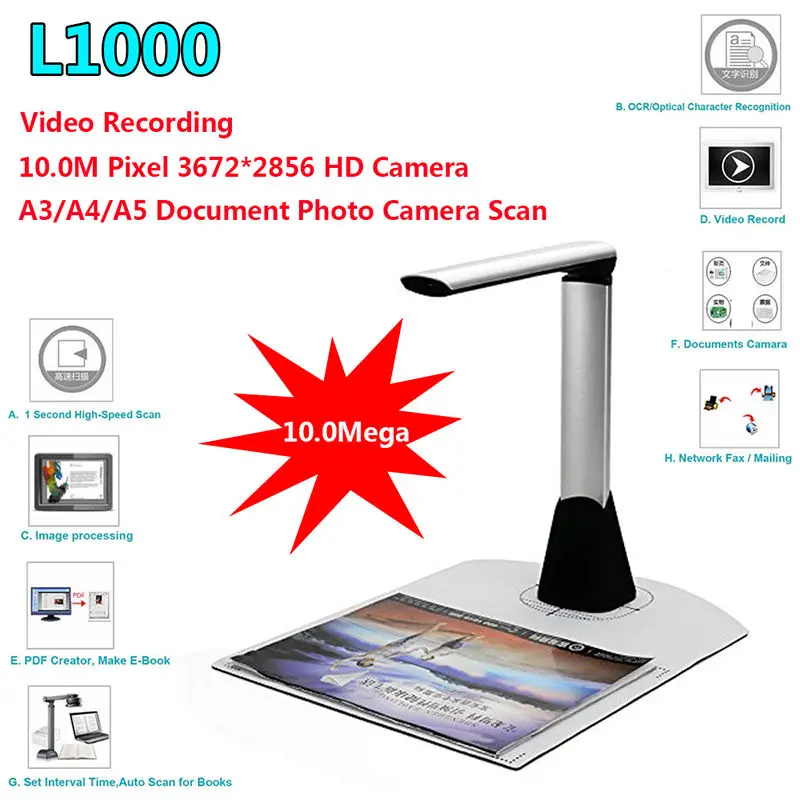 L1000 Mini A3 A4 A5 10Mega 3672*2856 Document Book Photo ID Scanner Camera New