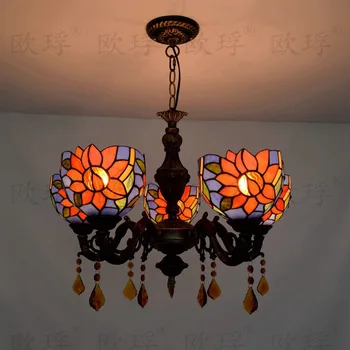 Tiffany sunflower Stained Glass Suspended Luminaire E27 110-240V Chain Pendant lights for Home Parlor Dining Room