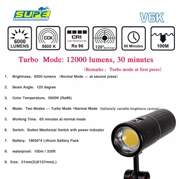 SUPE V6K 12000lum Studio COB LED diving light underwater photography light scuba dive photo video flashlight 6A/usb vedio light