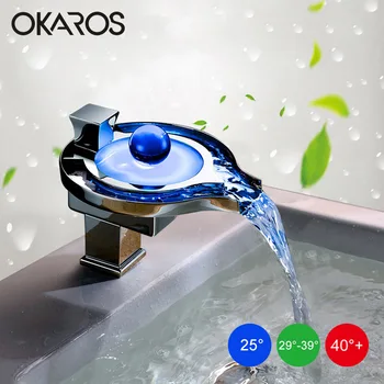 OKAROS LED Faucet LED Bathroom Basin Faucet Brass Chromed LED Waterfall Taps Water Power Basin Led Tap Mixer Torneira