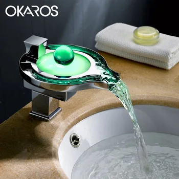 OKAROS LED Faucet LED Bathroom Basin Faucet Brass Chromed LED Waterfall Taps Water Power Basin Led Tap Mixer Torneira