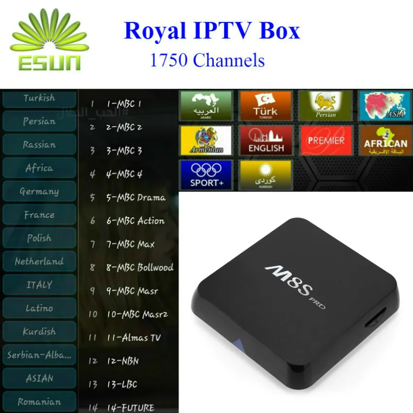 M8S PRO Android TV Box 2GB/8GB Royal IPTV 1700 Channels Arabic IPTV BOX French IPTV Europe Italy Scandinavian Turkish Asian TV