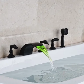 Modern Waterfall Bath Tub Faucet Set 3 Swan Switch Bathroom Bath Mixer with Brass Handheld Shower