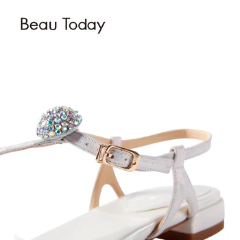BeauToday Genuine Leather T-Strap Sandals Women Summer Sheepskin Leather Sparkling Rhinestone Ladies Shoes with Box 32006