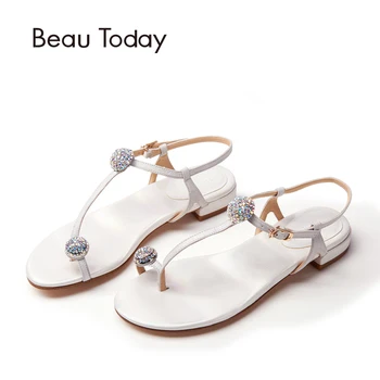 BeauToday Genuine Leather T-Strap Sandals Women Summer Sheepskin Leather Sparkling Rhinestone Ladies Shoes with Box 32006