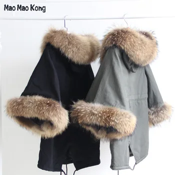 Cotton-padded Outerwear Raccoon Large Fur Collar Army Green Casual Overcoat Flare Sleeve Cloak 2016 Women Winter Coat Jacket