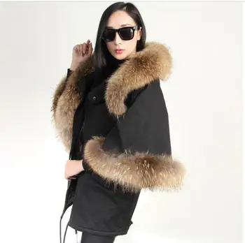 Cotton-padded Outerwear Raccoon Large Fur Collar Army Green Casual Overcoat Flare Sleeve Cloak 2016 Women Winter Coat Jacket