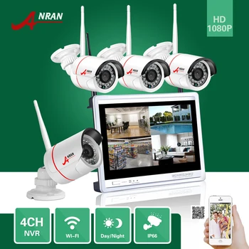 ANRAN P2P 4pcs Cameras 4CH 1080P 12''LCD Monitor WIFI NVR 24IR Waterproof Mini Wireless IP Surveillance CCTV Security System