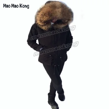 2016 army green Large raccoon fur collar hooded coat parkas outwear 2 in 1 detachable Faux Fur Inner winter jacket