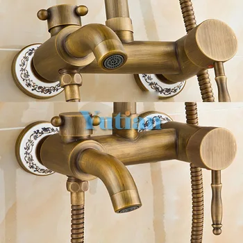 Antique Brass Wall Mounted Mixer Valve Rainfall Shower Faucet Complete Sets + 8