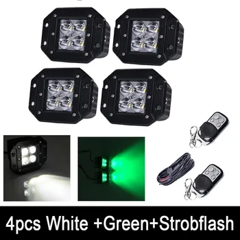 4x LED Work Light Bar Flush Mount Pods Offroad Spot /Flood Dual Color White/Green Amber Red Blue Strobe flash w/ Remote & Wiring