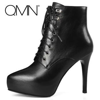 QMN women genuine leather ankle boots Women Platform Lace Up Sexy Fashion Boots Zip Shoes Woman Black Bootie Botas