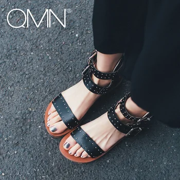 QMN women genuine leather sandals Women Studded Glossy Leather Ankle Strap Summer Leisure Shoes Woman Rivets Sandals 34-39