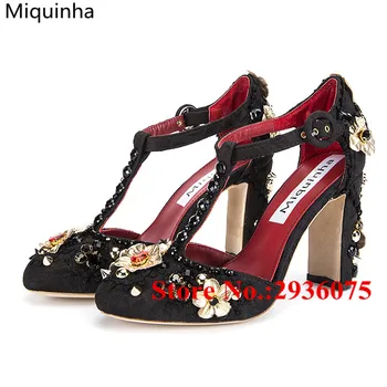 Women Luxury Party Wedding Shoes Woman Crystal Studded Embellished Black Block High Heels Pumps Shallow T-Strap Women Sandals