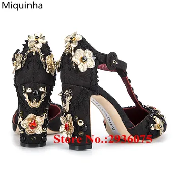 Women Luxury Party Wedding Shoes Woman Crystal Studded Embellished Black Block High Heels Pumps Shallow T-Strap Women Sandals