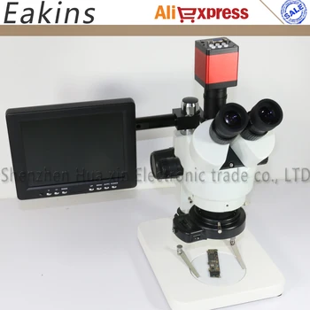 Continuous Zoom Binocular Visual 7X-45X Trinocular Stereo Microscope+HDMI VGA Microscope Camera+144LED light+ 8'Monitor+Holder