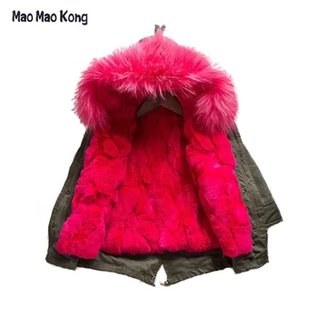 Parkas natural real rex rabbit fur lining jacket with big raccoon fur collar hoody trim winter real girl boy child kid'scoats