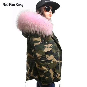 Plus size 2016 New army green Camouflage winter jacket women thick parkas big raccoon natural real fur collar coat hooded