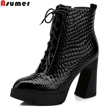 ASUMER full genuine leather boots lace up pointd toe platform autumn winter riding ankle boots ladies short shoes