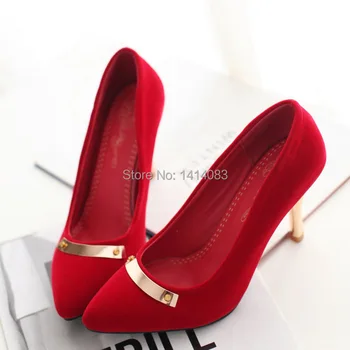 Chinese sweet style sexy pointed toe wedding shoes pumps metal decoration black red blue high heels women shoes