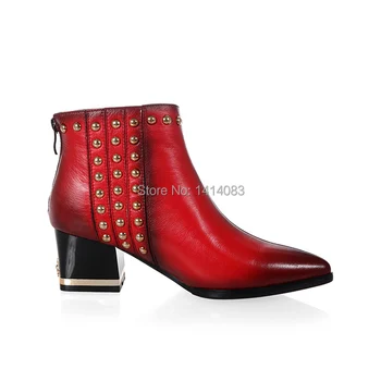 Autumn winter genuine leather ankle boots pointed toe back zipper rivet decoration med heels fashion quality women boots