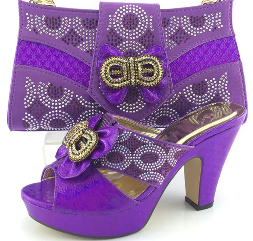 Beautiful Italian Shoes With Matching Bags New African Shoes And Matching Bag Sets For Wedding dress ME3321 Purple Color