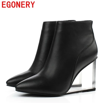 EGONERY shoes 2017 women fashion ankle boots pointed toe zipper riding equestrian elegant genuine leather wedges