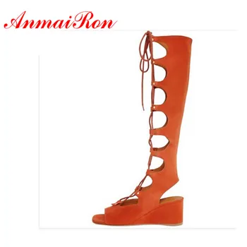 NewKnee High Gladiator Summer Sandals Boots Women Black Apricot Motorcycle Boots Wedges Heel Genuine Leather Shoes Woman