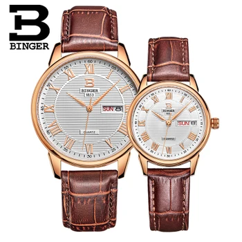 New Binger Lover Watches Man Sport Relogio Masculino Quartz Watch Waterproof Gold Leather Big Dial Luxury Brand Wristwatch Men